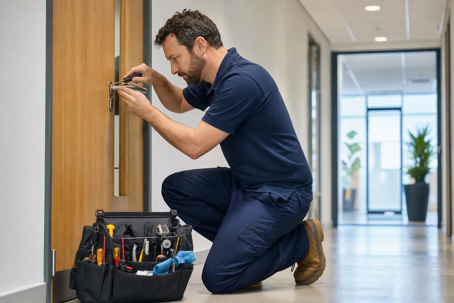 Commercial cleaner maintaining a modern office workspace